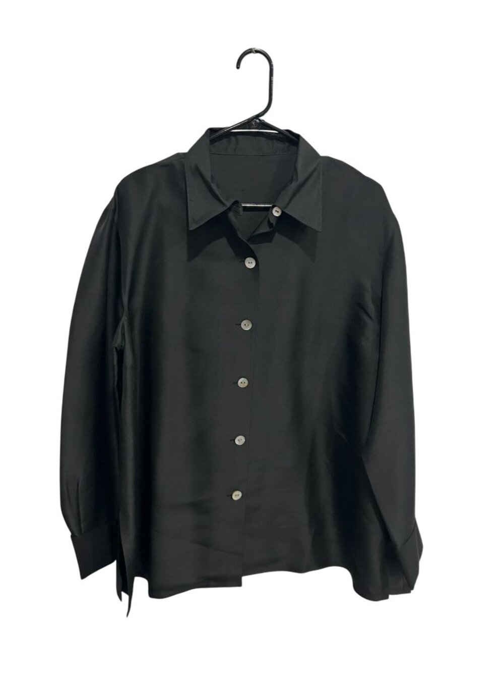 Black Long Sleeve Button Up Shirt Side Slit Cuffed Sleeves Minimalist Clean Girl